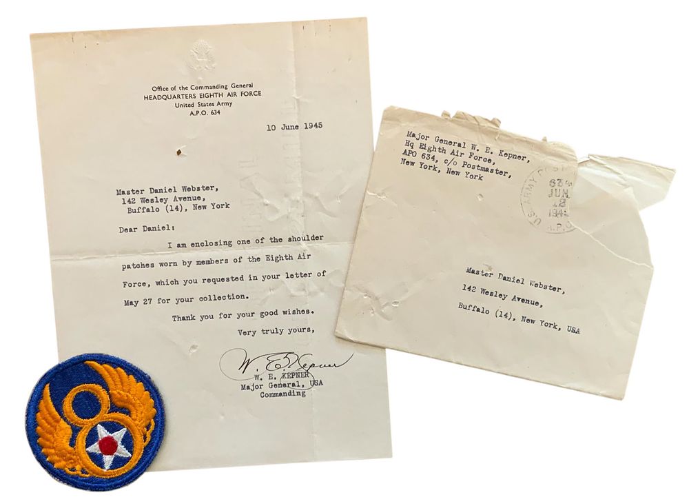 Lot 313: WWII 1945 8th Air Force MG Kepner Signed Letter & Patch