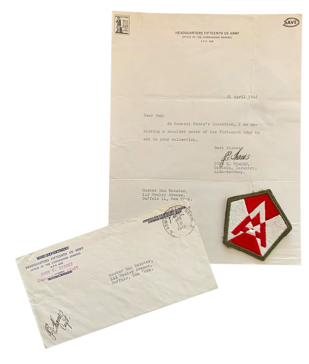 Lot 314: WWII 1945 15th US Army General Gerow Letter & Patch
