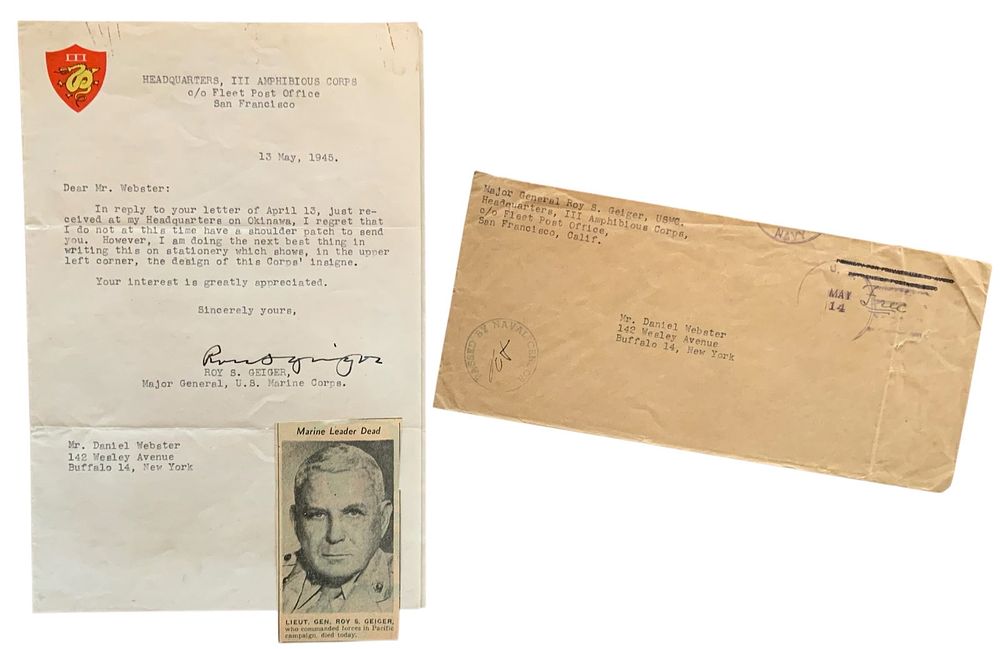 Lot 315: WWII 1945 USMC Marine Corps MG Geiger III Amphibious Corps Signed Letter