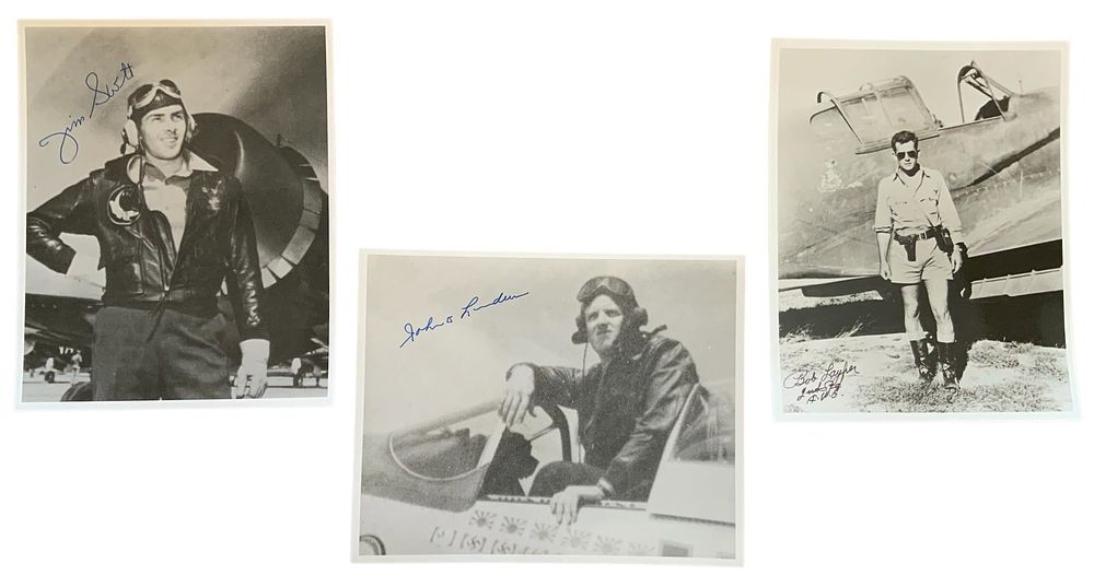 Lot 345: WWII US Fighter Aces USMC Swett (MOH), Landers & Layher Flying Tigers Signed Photos