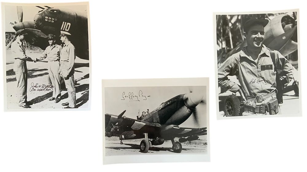 Lot 350: WWII Fighter Aces RAF Page, USMC Owens & Mitchell Operation Vengeance Signed Photos
