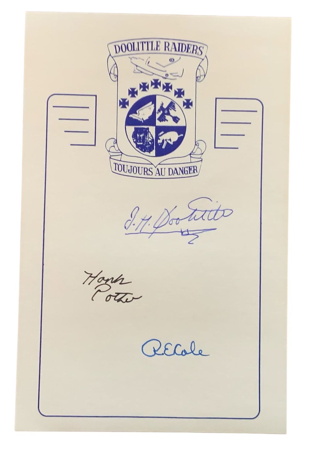 Lot 355: WWII Doolittle Raiders Pilot Jimmy Doolittle, Hank Potter & Richard Cole Signed Book Plate
