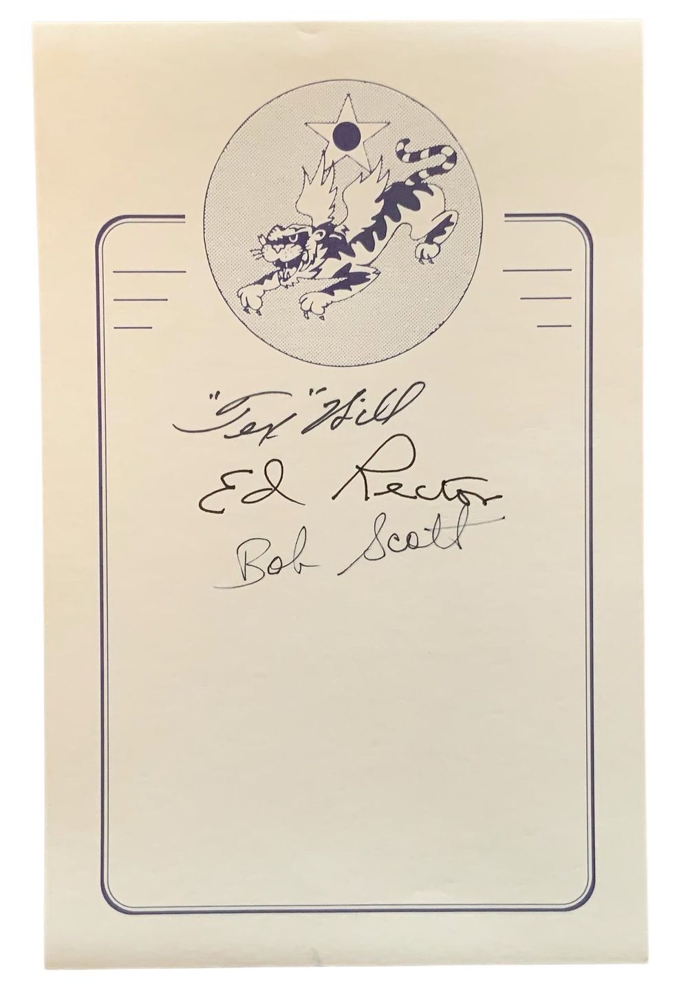 Lot 356: WWII Flying Tigers Pilots Aces Tex Hill, Ed Rector & Bob Scott Signed Book Plate