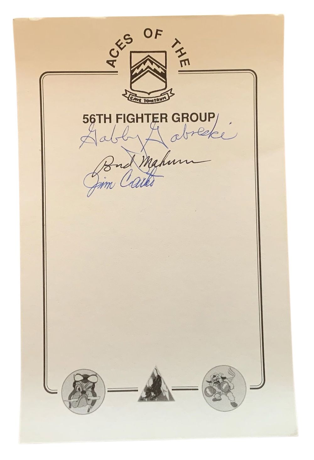 Lot 357: WWII Pilots 56th Fighter Group Gabby Gabrowski, Carter, Mahurin Signed Book Plate