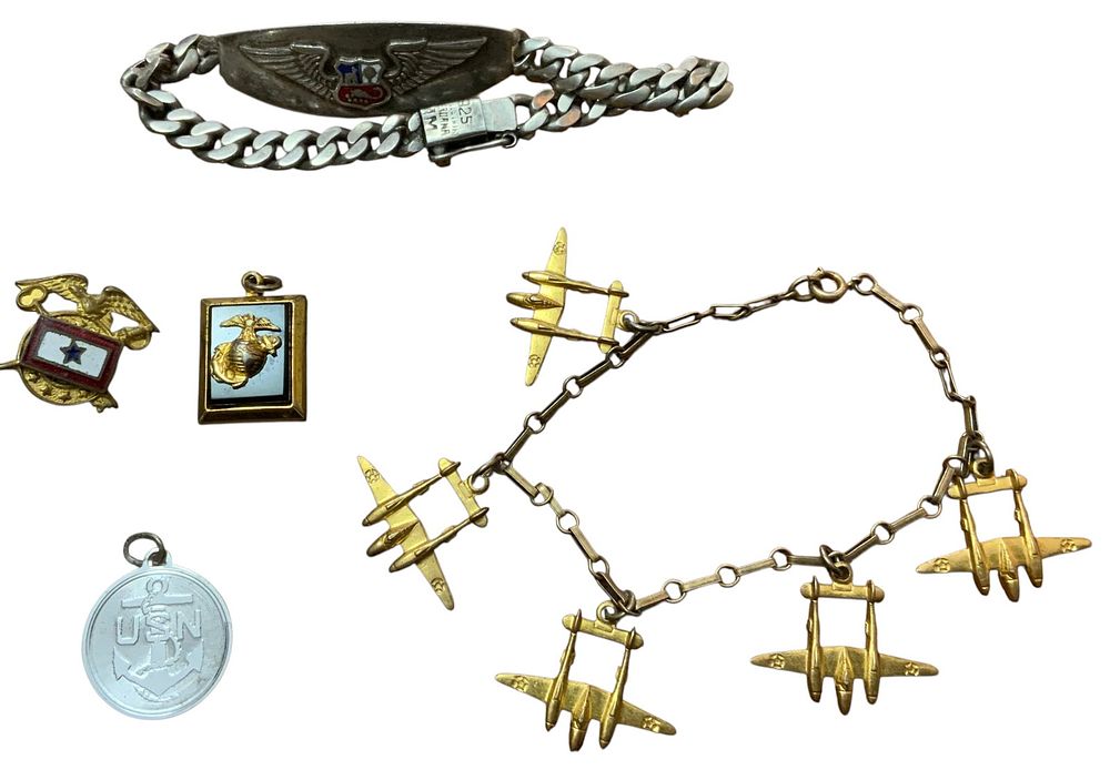 Lot 375: WWII Era Army, Peruvian Air Force Bracelet, Navy, Marines Sweetheart Lot #1
