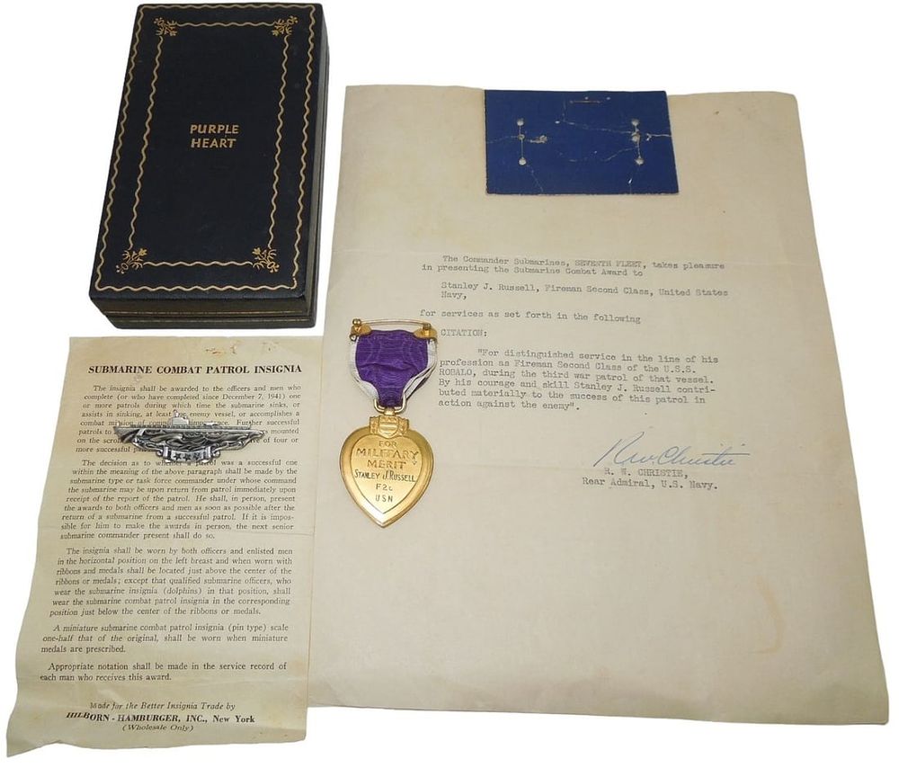 Lot 380: WWII USN Navy KIA Submarine USS Robalo Purple Heart Medal & Documents Group
