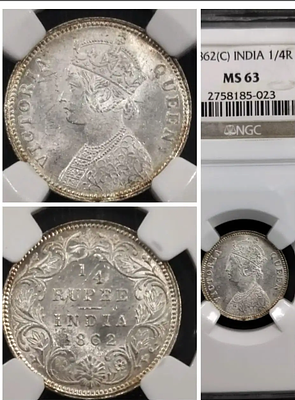 Rare 1/4 Rupee 1862 NGC Graded in MS 63 Grade Victoria Queen British India Silver Coin