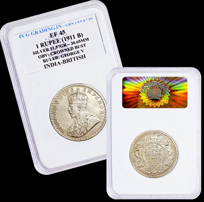 Extremely Rare One Rupee 1911 George V King Emperor Famous Pig Variety Coin Pcg Graded Ef 45