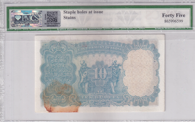 PMCS Graded JW Kelly Signature 1933 King George V 10 Rupees EF45 Note Rare