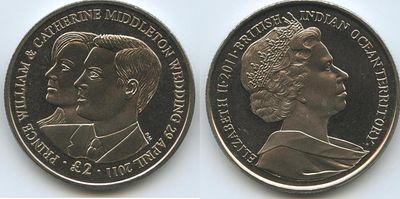 British Indian Ocean Territory, 2 Pounds, 2011, KM# 4, Wedding of Prince William and Catherine 