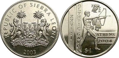 Sierra Leone, 1 Dollar, 2003 2004 Summer Olympics, Athens – Ancient archer – Apollo, KM #291 