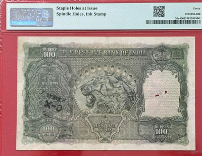100 Ruppes unc British india George Six Calcutta Mint. Governor C. D. Deshmukh Pmg Grade High 
