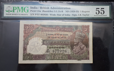 SUPER RARE BRITISH 5 RUPEE NOTE J.B. TAYLOR PMG GRADED 55 (1928-35) SERIAL NO. 402926
