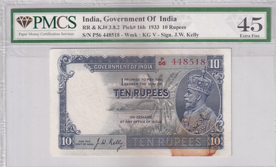 PMCS Graded JW Kelly Signature 1933 King George V 10 Rupees EF45 Note Rare