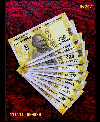Rs 20 India Banknote Solid Fancy Set 111111 TO 999999 GEM UNC UNIQUE COLLECTION