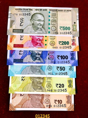 Rs 10 to 500 India Banknote Gem UNC Fancy Set 012345
