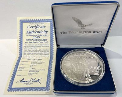 Giant Quarter Pound 2005 American Eagle Design Proof Platinum Layered .999 Silver. Winner shall 