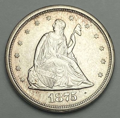 1875-S Liberty Seated Silver 20c AU58. Winner shall receive the exact coin shown here. (RR/B)