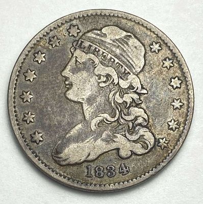 1834 Capped Bust Silver Quarter Fine. Winner shall receive the exact coin shown here. (RR/B)