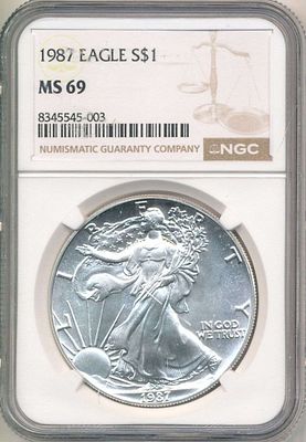 1987 American Silver Eagle NGC MS69. Winner shall receive the exact coin shown here. (CD/B)
