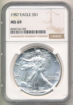 1987 American Silver Eagle NGC MS69. Winner shall receive the exact coin shown here. (BD/B)