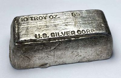 Rare Vintage U.S. Silver Corp. 10 ozt .999 Silver Bar. Winner shall receive the exact bar shown 