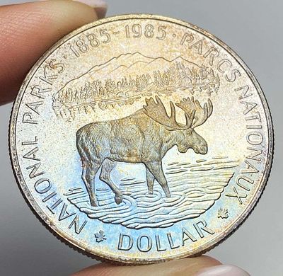 Toned 1985 Canada National Parks Moose Proof Silver Dollar. Winner shall receive the exact coin 