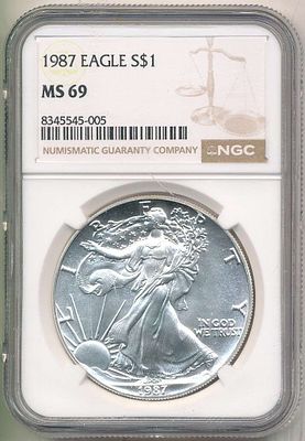 1987 American Silver Eagle NGC MS69. Winner shall receive the exact coin shown here. (BD/B)