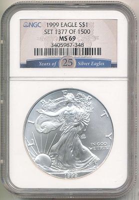 1999 American Silver Eagle NGC MS69 25th Anniversary. Winner shall receive the exact coin shown