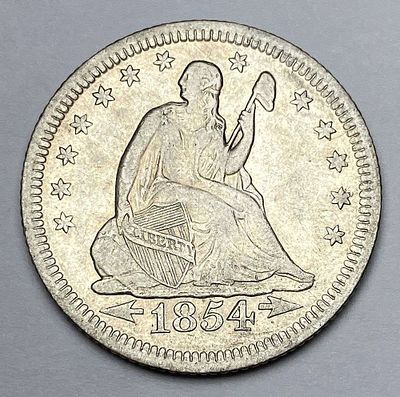 1854-O Arrows Liberty Seated Silver Quarter AU55. Winner shall receive the exact coin shown
