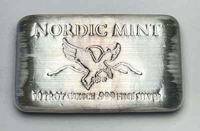 Nordic Mint 10 ozt .999 Silver Bar. Winner shall receive the exact bar shown here. (RR)