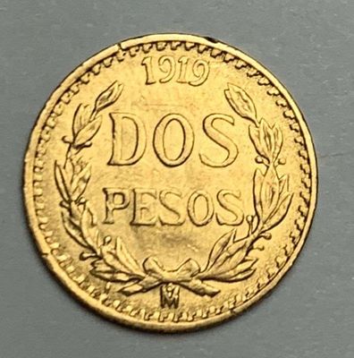 1919 Mexican Gold Dos Pesos 0.0482 ozt AGW. Winner shall receive the exact coin shown here. (MR/B)
