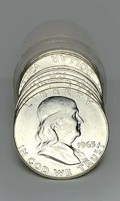 Orginial Roll (20-coins) 1963 Franklin Silver Half Dollar Mint Condition. Winner shall recieve 