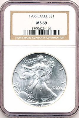First Year 1986 American Silver Eagle NGC MS69. Winner shall receive the exact coin shown here. 