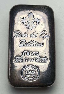 Fleur de Lis Bullion 10 ozt .999 Silver Bar. Winner shall receive the exact bar shown here. (RR)
