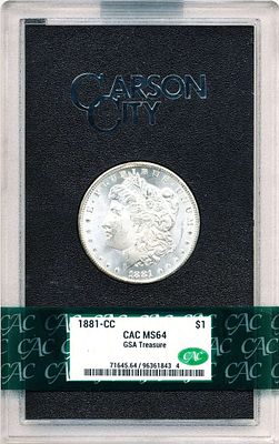 Carson City GSA 1881-CC Morgan Silver Dollar MS64 CAC. Winner shall receive the exact coin shown 