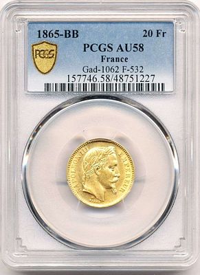 Last Minute! 1865-BB France Gold 20 Franc PCGS AU58 0.1867 ozt AGW. Winner shall receive the 