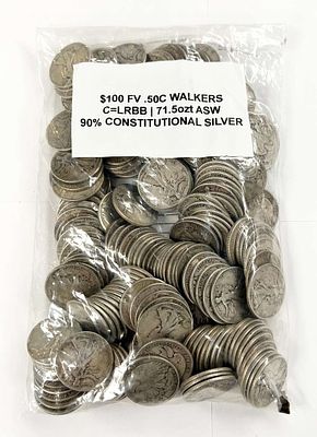 $100 FV Sealed Bag 90% Silver Walkers 50c. This bag contains $100 face value or (200) coins. 