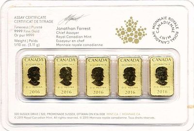 Last Minute! (5) 2016 Royal Canadian Mint $25 Bars 1/10 ozt .9999 Gold. Winner shall receive the 