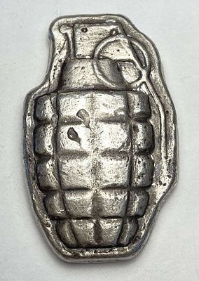 MK Barz Grenade Design Poured 3 ozt .999 Silver Bar. Winner shall receive the exact bar shown 