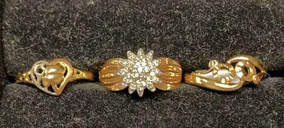 Last Minute! (3) Various Designs 14k Gold Rings. There is (1) round cut diamond (size 8.25), (1) 