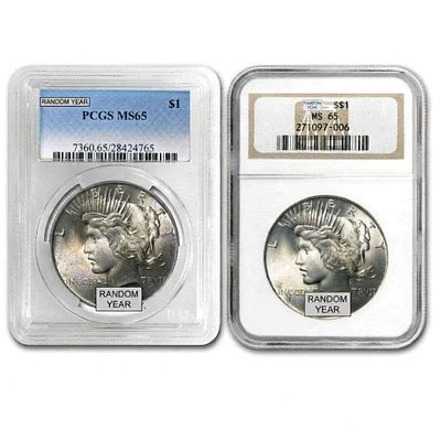 Box (20-coins) Common Date Peace Silver Dollars NGC/PCGS MS65. Please allow 2-4 weeks for 