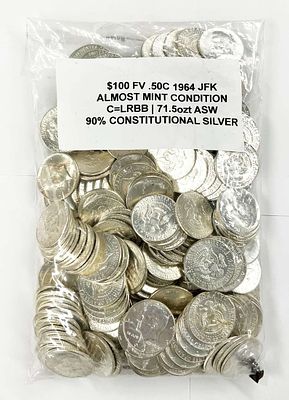 Bag of 1964 Almost Mint 90% Silver JFK $100 Face. Winner of lot shall receive (200) almost mint 