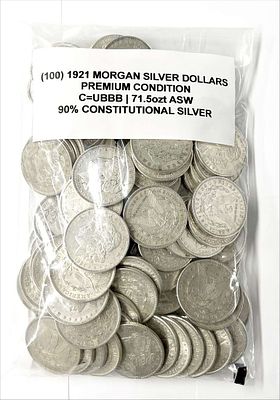(100) 1921 Morgan Silver Dollars Premium Condition. Winner shall receive (100) coins precisely 