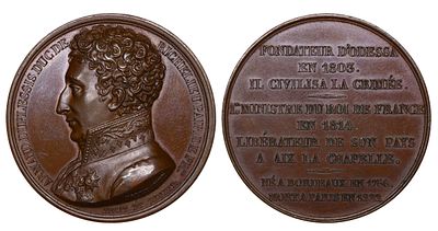 France, Medal, A. du Plessis de Richelieu - Founder of the City of Odessa, 1822 year, Bronze 