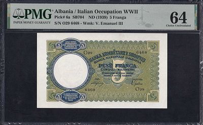 Albania, 5 Franga, 1939, Choice UNC 64. Description : Albania / Italian Occupation WWII, 5 