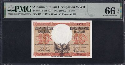 Albania, 10 Lek, 1940, Gem UNC 66 EPQ. Description : Albania / Italian Occupation WWII, 10 Lek 