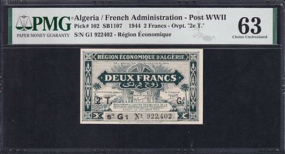 Algeria, 2 Francs, 1944, Choice UNC 63. Description : Algeria / French Administration - Post 