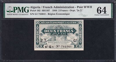 Algeria, 2 Francs, 1944, Choice UNC 64. Description : Algeria / French Administration - Post 