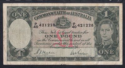 Australia, 1 Pound, 1938-1952, VF. Description : Australia, Commonwealth Bank of Australia, 1 